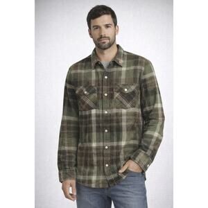 Levi’s Long Sleeve Plaid Button‑Up Shirt – L – Green Brown Check Peace Sign Back